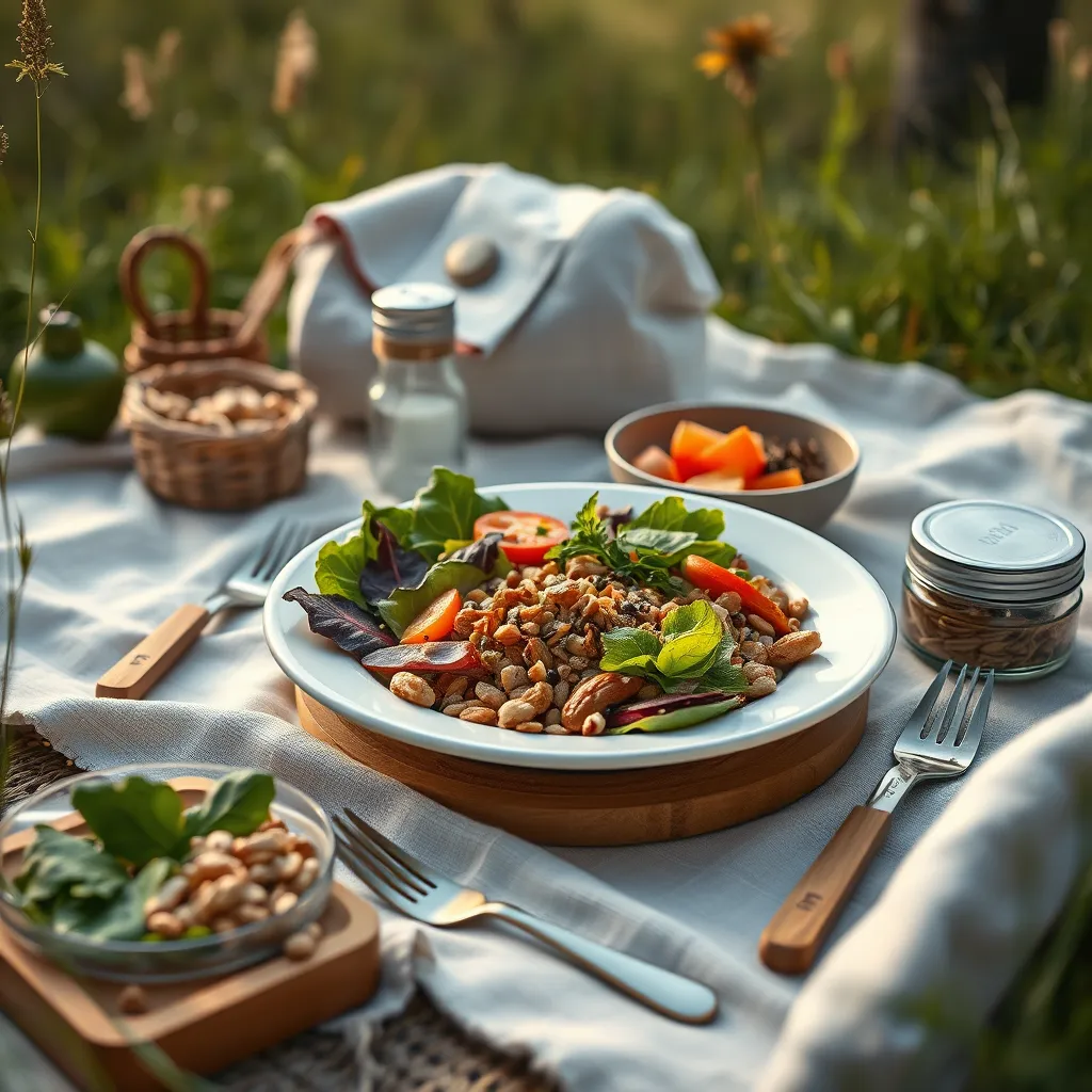 A beautiful picnic setup in nature featuring plant-based keto meals, like salads with nuts and seeds, alongside eco-friendly utensils and reusable containers. The scene should radiate freshness and sustainability, emphasizing a harmonious relationship with health and the environment.