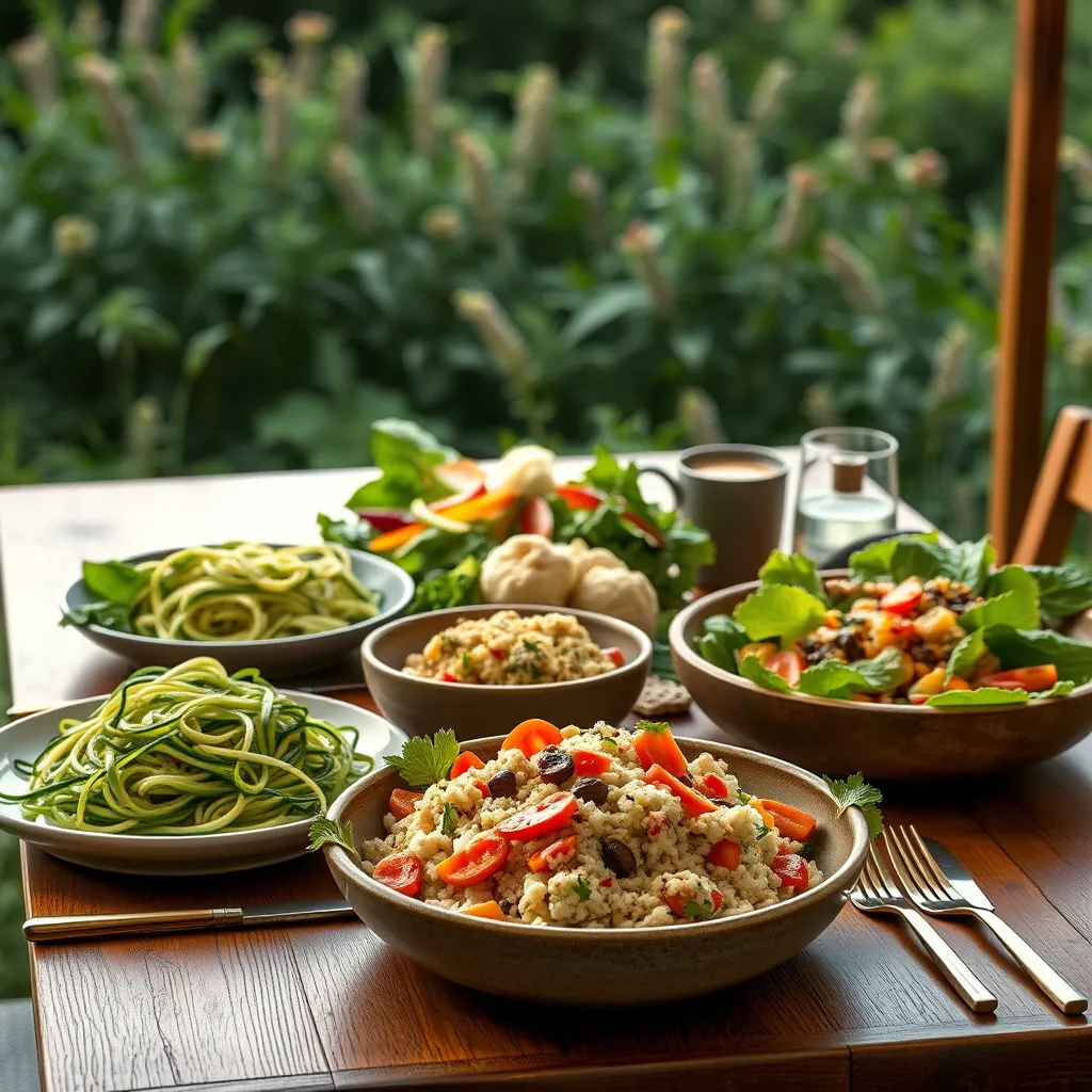 A beautifully arranged sustainable dinner table outdoors, featuring a variety of plant-based keto dishes like zucchini noodles, cauliflower rice, and a colorful salad. The table is set against a lush green backdrop, emphasizing nature and sustainability.