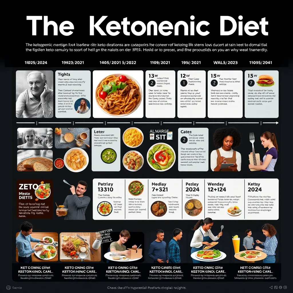 A comprehensive visual representation showing a timeline of the ketogenic diet from its inception to 2024. Include elements like historical images, modern food options, and people of diverse backgrounds enjoying keto meals, with bold graphics illustrating key advancements.