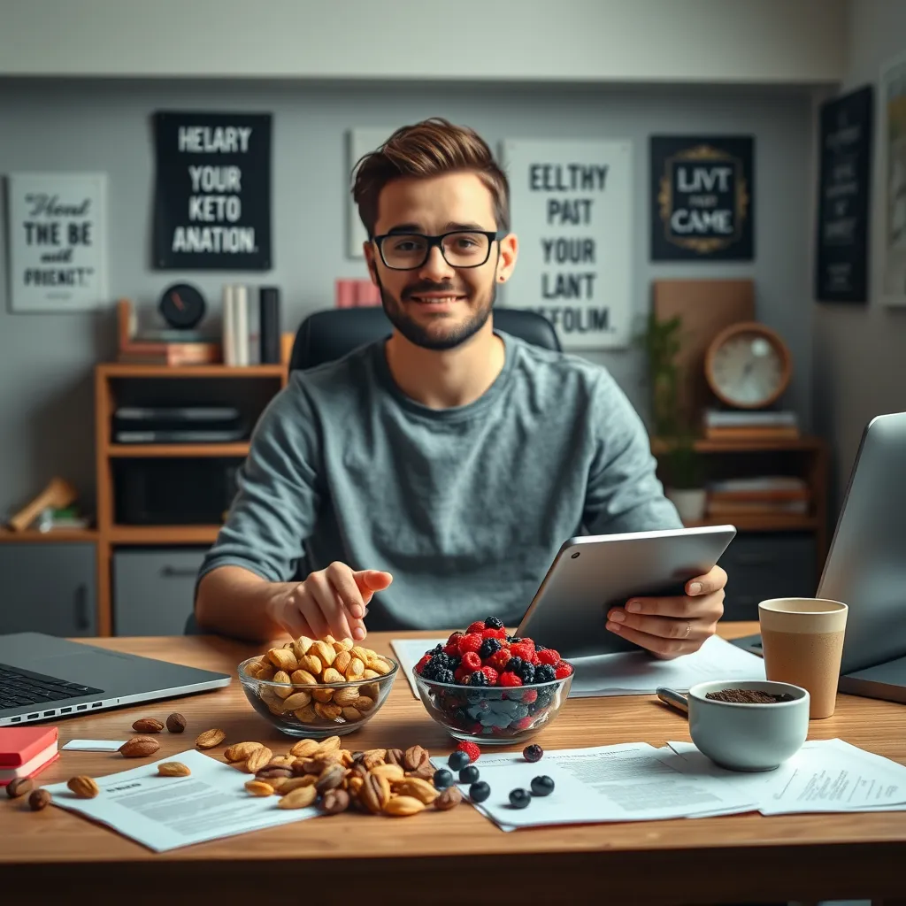 A dynamic workspace showcasing a person at a desk with healthy keto snacks like nuts and berries, surrounded by tech devices like a laptop and tablet. Include elements representing focus and productivity, such as notes, a coffee cup, and motivational quotes on the walls.