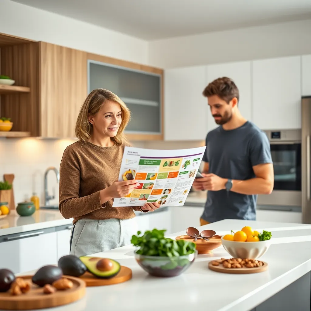 A photorealistic scene of a dietitian consulting with a client in a bright, modern kitchen. The dietitian, a middle-aged woman with light brown hair, holds a colorful meal plan while the client, a young man, eagerly takes notes. Soft diffused lighting fills the room, enhancing the warmth of the wooden cabinets and the fresh greens on the counter. The kitchen is stocked with keto-friendly ingredients like avocados, nuts, and leafy vegetables. The overall mood is encouraging and supportive, with a palette of greens, yellows, and browns. The camera angle is slightly above eye level, focusing on their conversation, conveying a sense of guidance. This image should be in 8K resolution, hyperrealistic, and ultra-detailed, showcasing textures of the food and the sleek kitchen design.