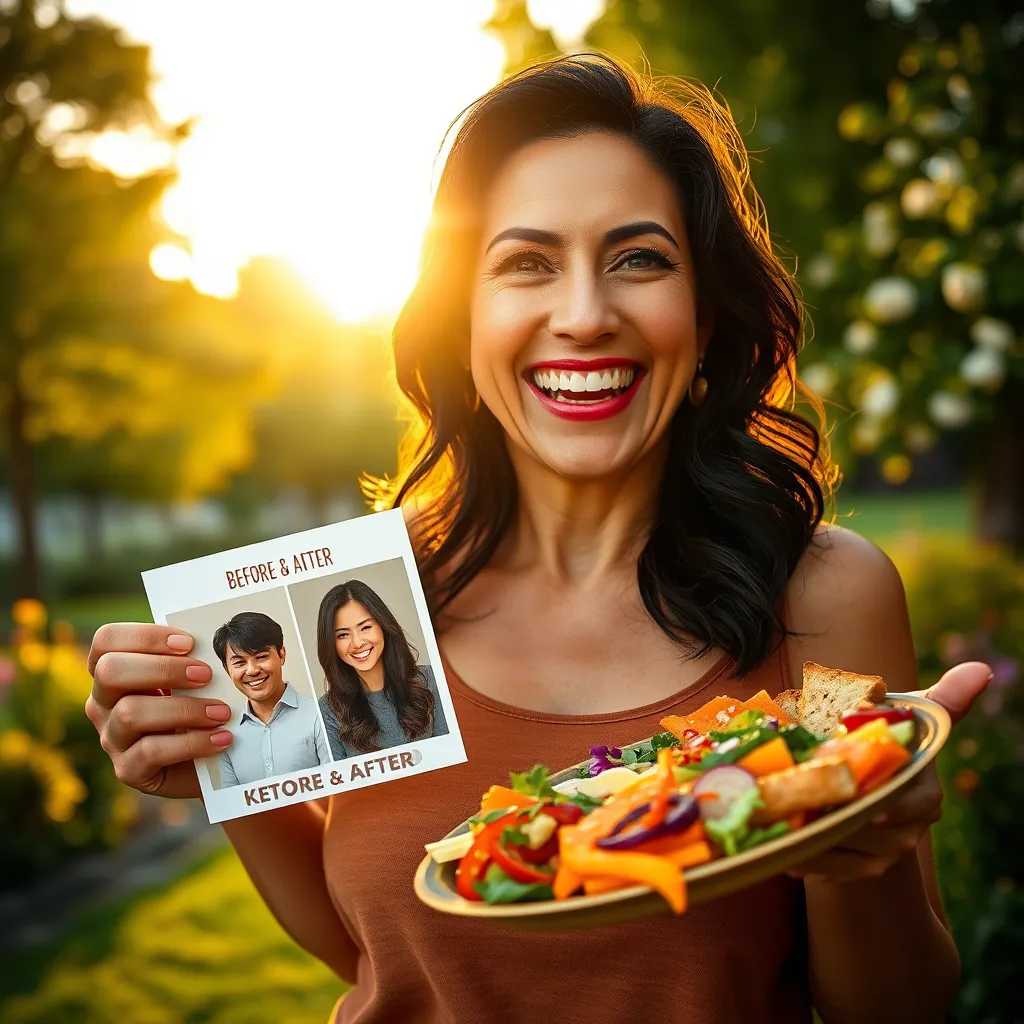 A striking, dynamic photorealistic portrait of a joyful individual celebrating their keto success outdoors. The person, a middle-aged woman with wavy black hair, is smiling widely while holding a 'Before & After' photo collage in one hand and a plate of colorful keto foods in the other. The scene is bathed in dramatic side lighting during the golden hour, creating warmth and shadow effects. The background features a lush green park with blooming flowers, conveying a sense of vitality and achievement. The color palette is bright and uplifting, with yellows, greens, and reds of the food. The camera angle is close-up, capturing her joy and enthusiasm vividly. This image should be rendered in 8K resolution, hyperrealistic, and detailed, emphasizing facial expressions and background elements.