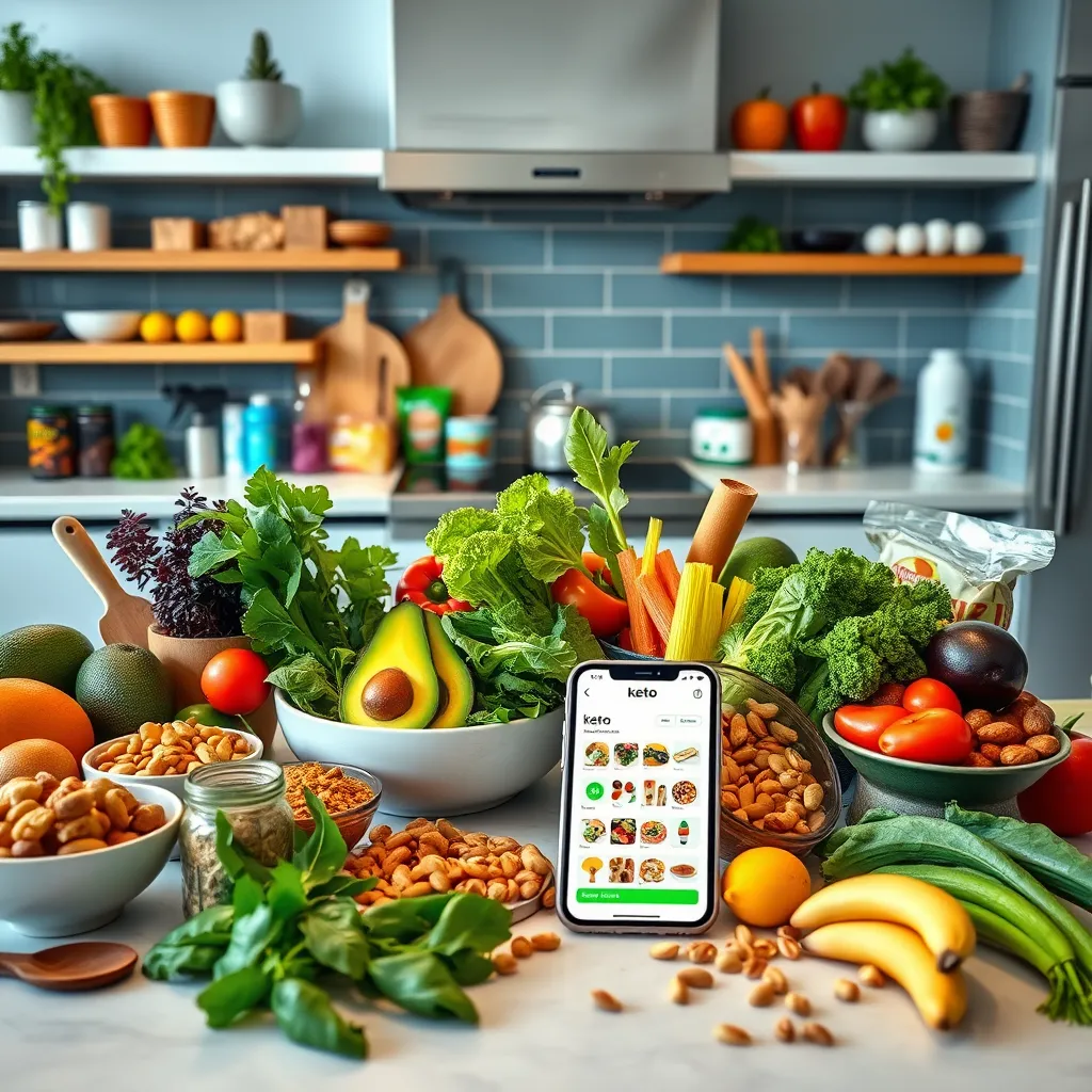 A vibrant display of a modern kitchen with a colorful array of keto-friendly foods, including avocados, nuts, leafy greens, and new keto products. Include a smartphone with a keto meal planning app open on the counter, showcasing a digital meal plan.