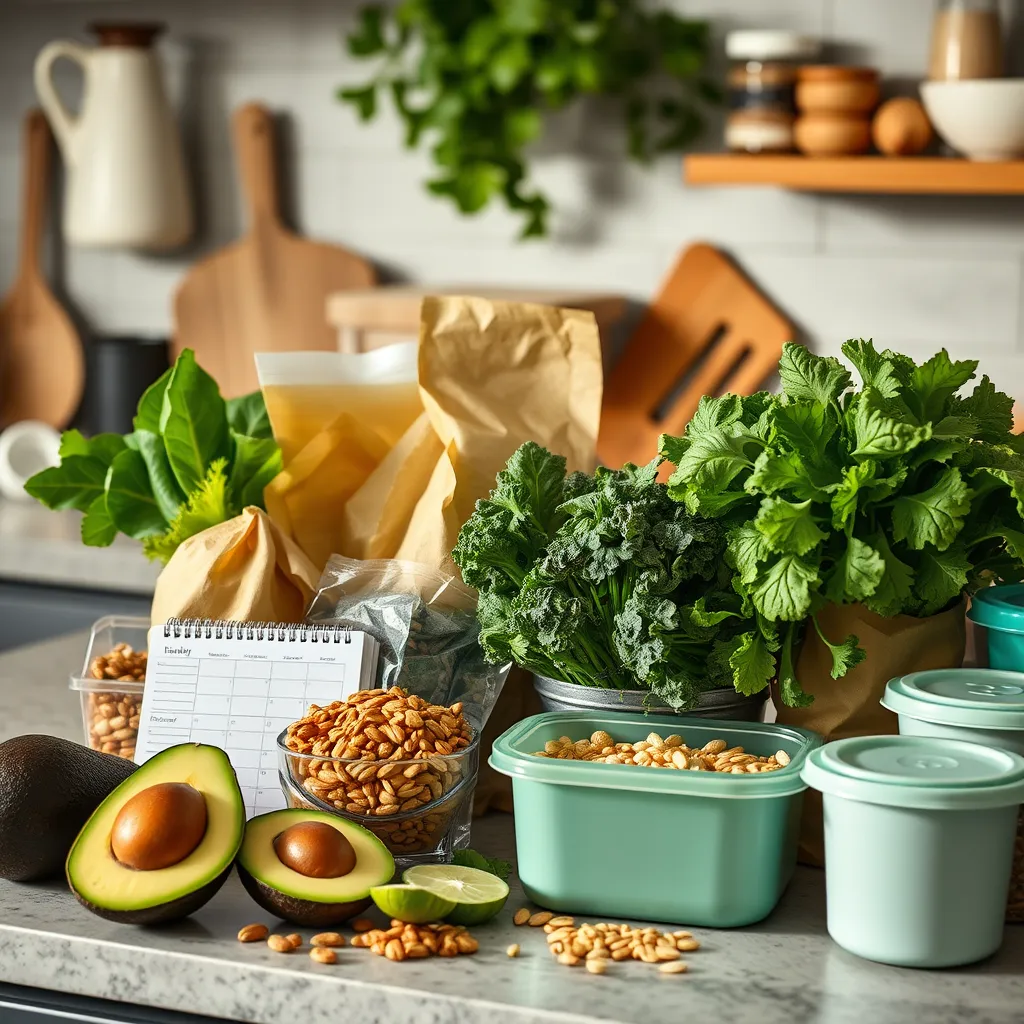 A vibrant kitchen scene featuring healthy, plant-based keto ingredients such as avocados, leafy greens, nuts, and seeds. Include eco-friendly packaging and reusable storage containers, along with a meal planner on the counter, suggesting a sustainable approach to keto.