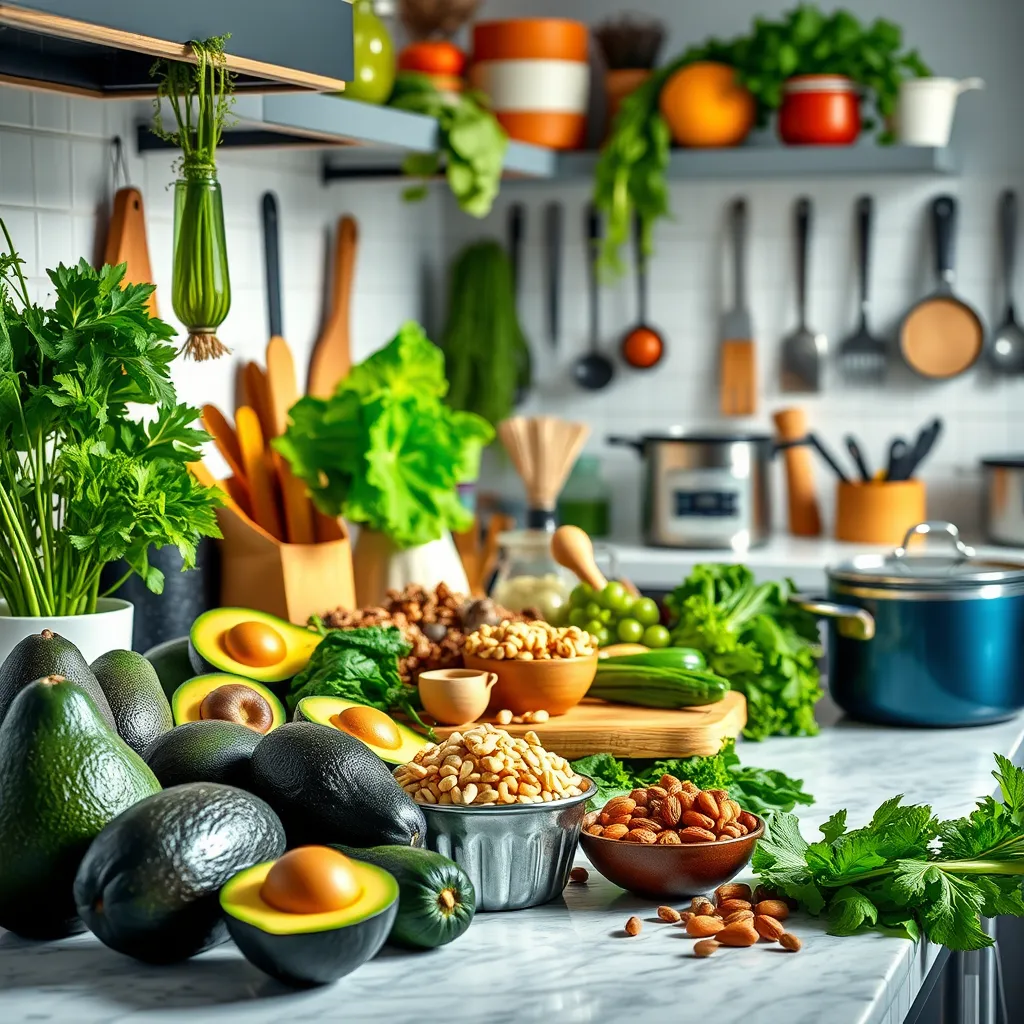 A vibrant kitchen scene showcasing a diverse array of ketogenic ingredients, including avocados, nuts, and leafy greens, alongside modern cooking tools. Bright colors and fresh items should highlight meal prep excitement and innovation in the ketogenic diet for 2024.