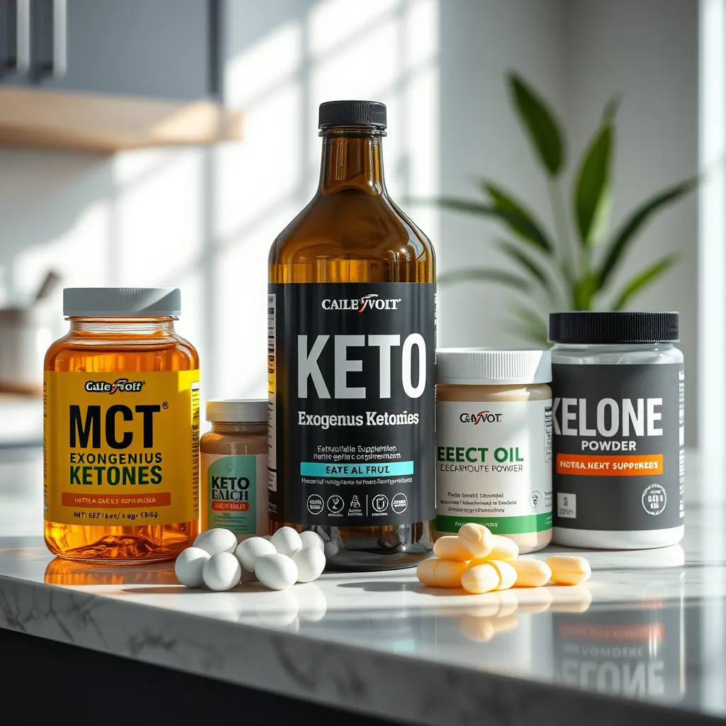 An aesthetically pleasing setup showcasing high-quality keto supplements such as MCT oil, exogenous ketones, and electrolyte powders on a marble countertop. Use natural lighting to highlight the cleanliness and modernity of the products.