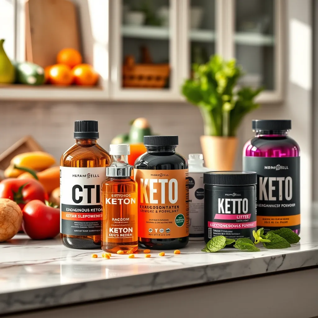 An artistic display of various keto supplements such as MCT oil, exogenous ketone bottles, and electrolyte powders on a marble countertop. The products should be elegantly presented with a backdrop of fresh keto-friendly foods, emphasizing health and vitality.