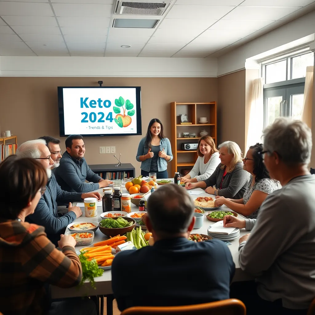 An engaging and lively keto workshop in a well-lit community center room. A diverse group of participants, including men and women of different ages and backgrounds, are seated around a large table filled with colorful keto foods and supplements. The presenter, an enthusiastic young woman, stands at the front with a digital screen displaying 'Keto 2024: Trends & Tips'. The lighting is bright and inviting, creating an atmosphere of excitement. The color palette includes vibrant greens and oranges from the foods. The camera angle captures the whole scene, highlighting the interaction between the presenter and the audience. The image should be shot in 8K resolution, hyperrealistic, and rich in detail, focusing on facial expressions and the variety of foods present.